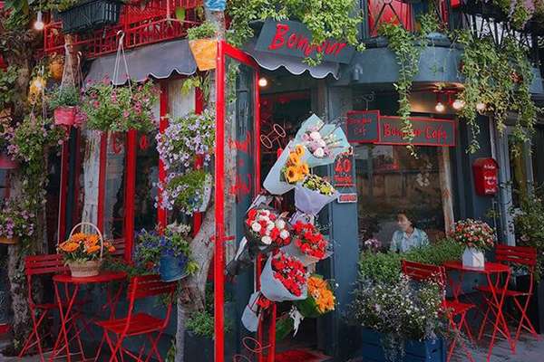 Quán café bị hoa bao vây làm du khách thích thú