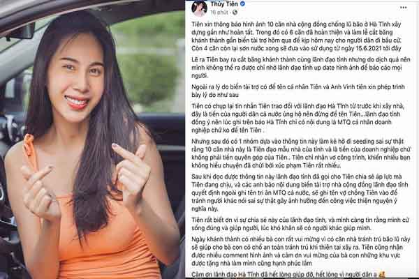 Bị nói nhận vơ công trình nhà chống lũ, ca sĩ Thủy Tiên nói gì?