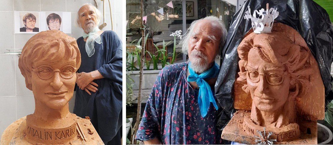 Điêu khắc gia Phạm Văn Hạng tạc tượng hai người bào chế vắc xin