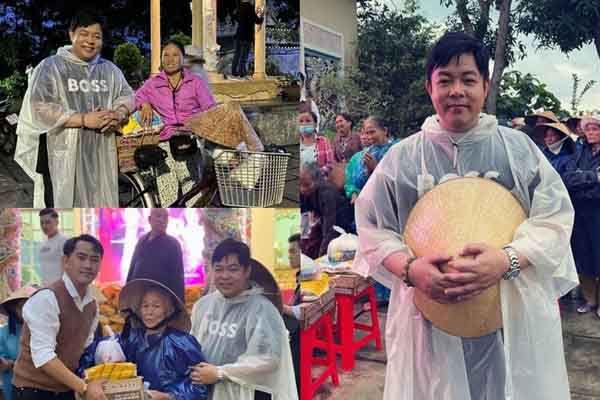 Quang Lê đội áo mưa, về quê làm từ thiện