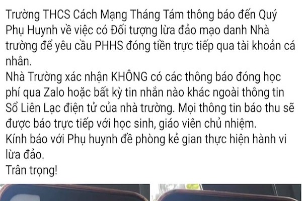 Cảnh báo tin nhắn lừa đảo phụ huynh học sinh đóng tiền