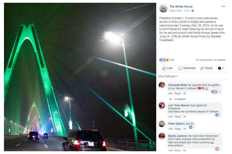 Cầu Nhật Tân lung linh sáng rực trên trang Facebook của Nhà Trắng