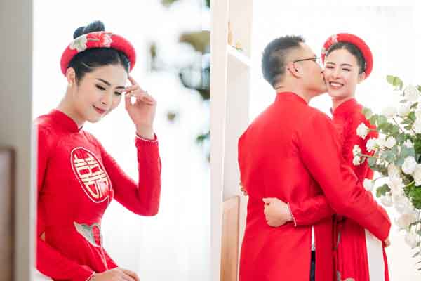 Hoa hậu Ngọc Hân tỏa sáng lung linh trong trang phục tự thiết kế trong lễ ăn hỏi