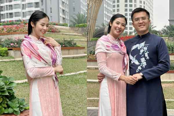 Hoa hậu Ngọc Hân yêu kiều trong tà áo dài, tay trong tay cùng ông xã đón năm mới